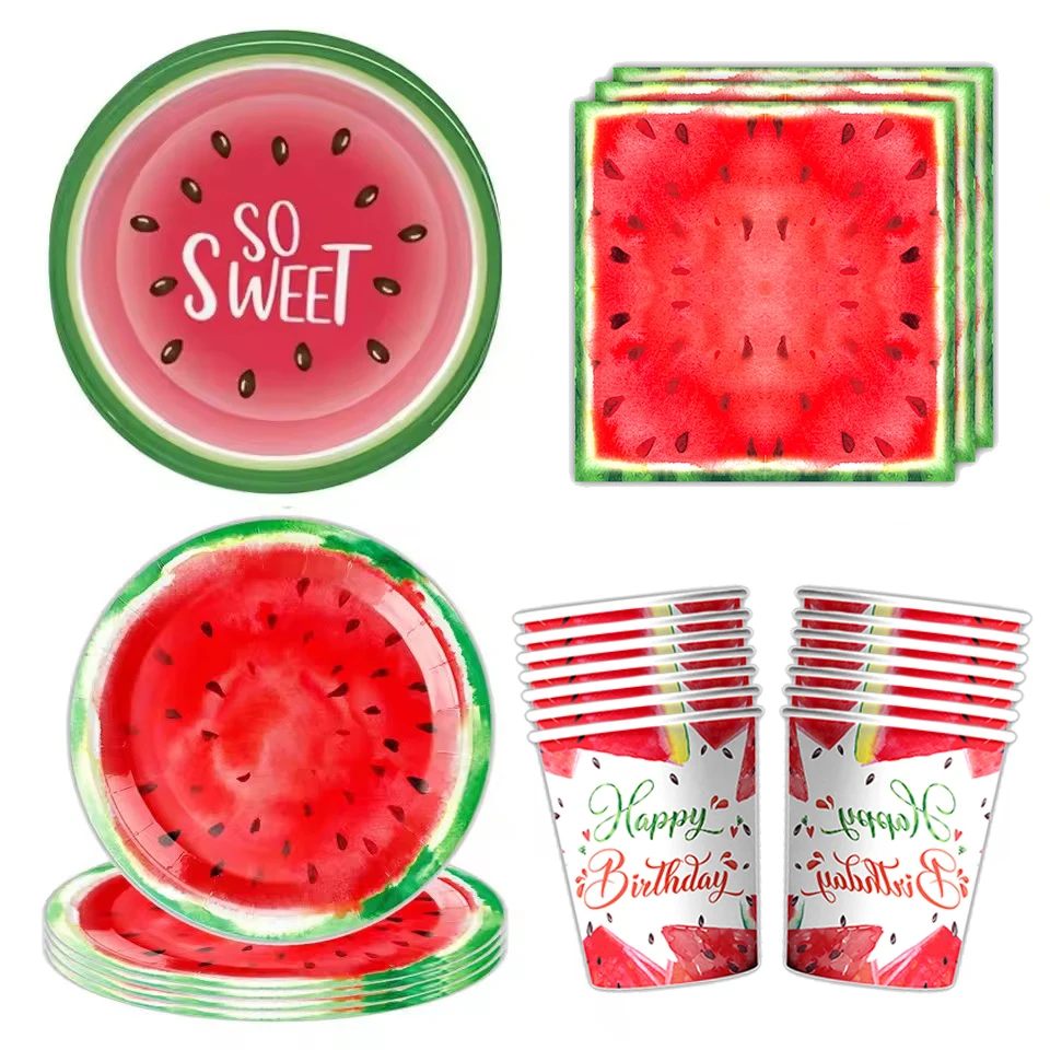 Watermelon Party Tableware Disposable Napkins Paper Plates Cups Summer Girls 1st Birthday Baby Shower Watermelon Party Supplies