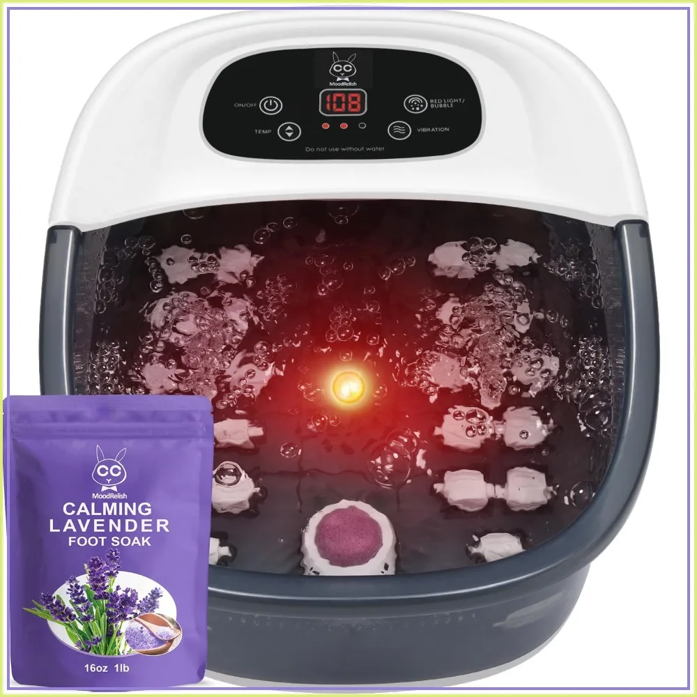 Heated Foot Spa Massager with Bubbles, Vibration, Red Light, 16oz Lavender Epsom Salt, 22 Rollers, Adjustable Temp, Grey