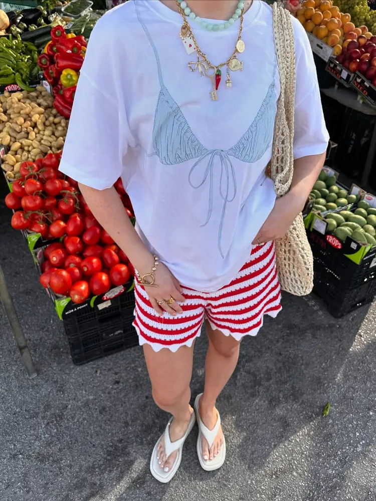 American Vintage Summer OOTD Bikini Print Spicy Girl ort Sve T-irt Women's Trendy Streetwear Oversize Cotton round Ne