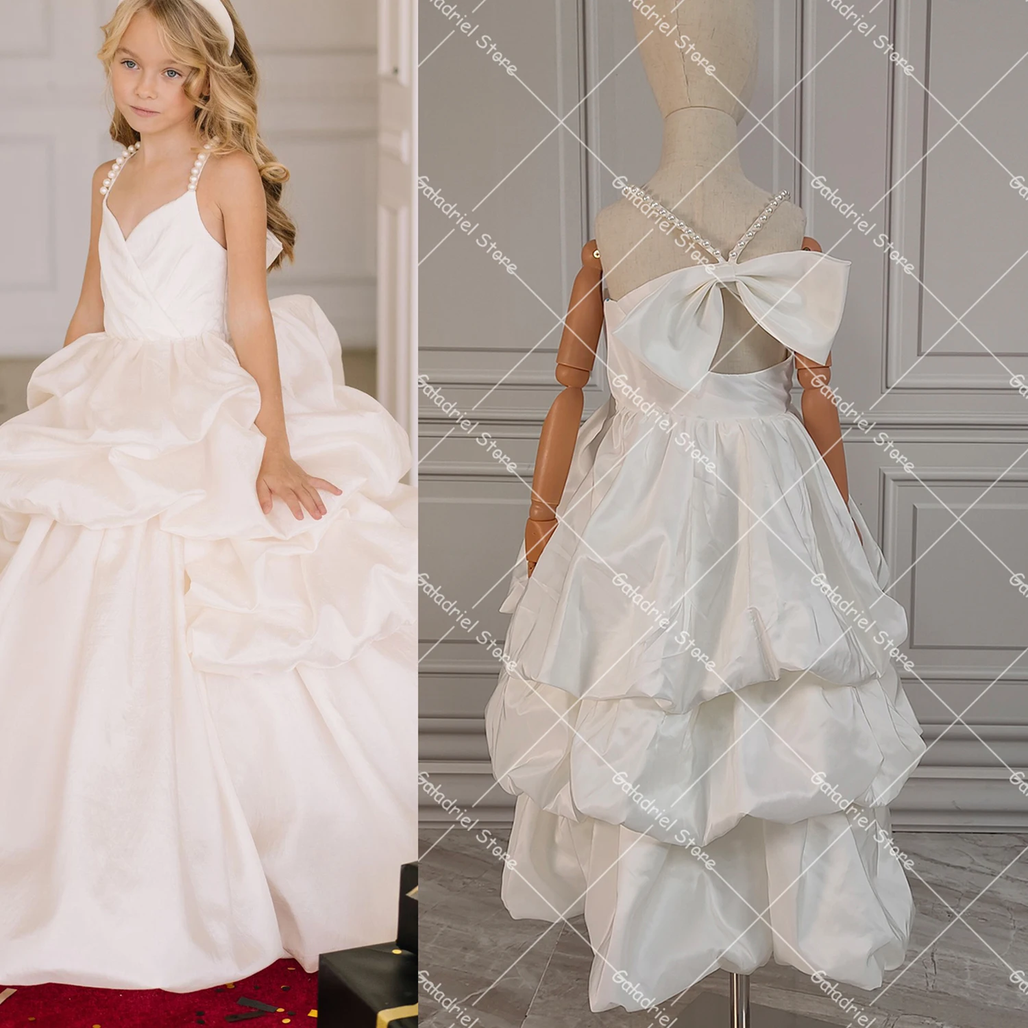 Princess Taffeta Flower Girls Dress for Wedding Party Pearls Bow V Neck Custom Made Tiered Full Length Real Photos Bridal Gowns