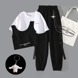 Women's Harajuku Cargo Pants 2 Piece Sets, New Streetwear Two-piece Black White T-shirt Short-sleeved and Ribbon Chain Pants