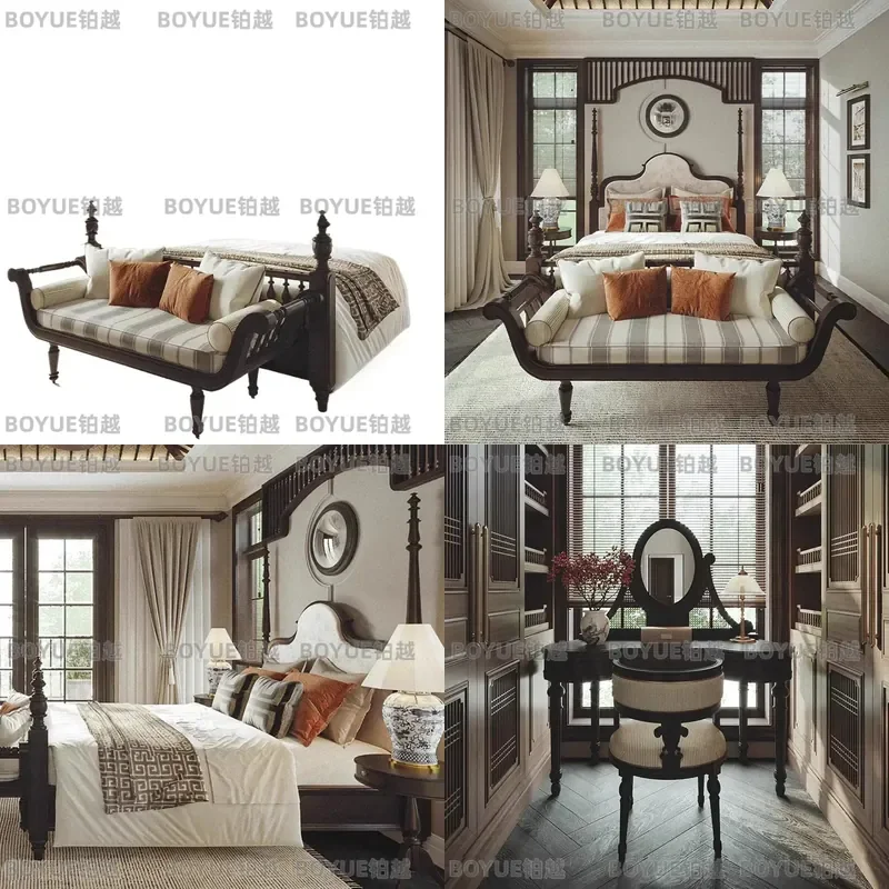 French Retro Solid Wood Double Bed Neoclassical Roman Pillar Design American Light Luxury Princess Style Master Bedroom