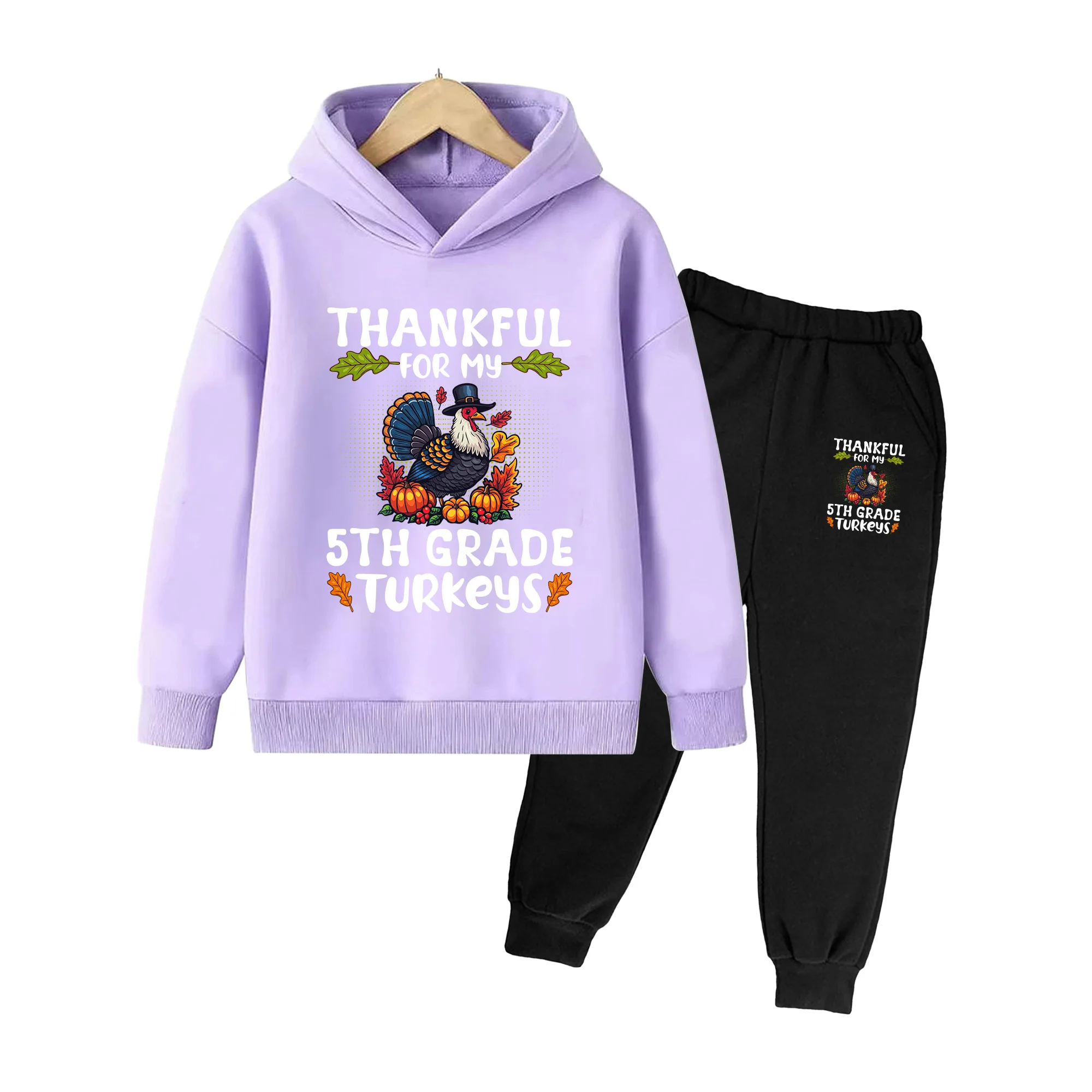 Kids Thanksgiving Turkey Print Hoodie & Sweatpants Set, Long Sleeve Casual Outfit for Boys Girls Fall Holiday Wear