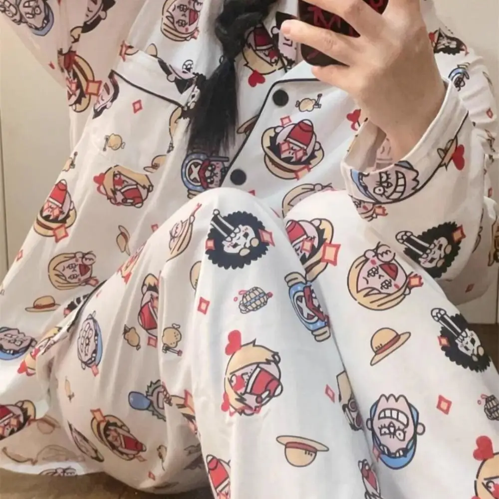 Cárdigan de algodón Luffy de una pieza, pijamas bonitos, conjunto de ropa de dormir suave y agradable para la piel para primavera y otoño, ropa de Anime para el hogar para hombre y mujer