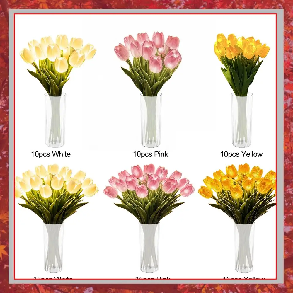 

10/15pcs Real Touch Tulips Faux Flower Lights with Vase Tulip Desk LED Night Light for Valentines Day Gift
