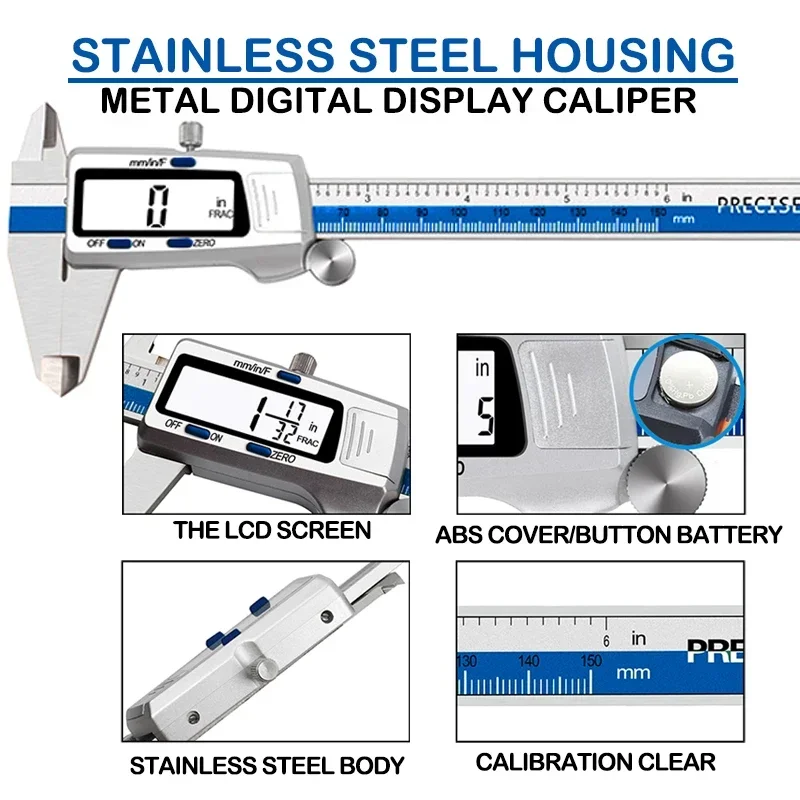 ET52 150mm Stainless Steel 0.01mm Precision Measure 6-Inch Digital Caliper Vernier Caliper Mm/inch/Fraction Display Zero Setting