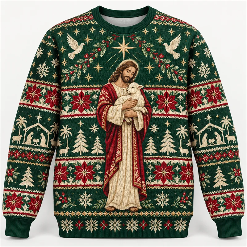 Jesus Christ Christmas Sweatshirt Men Nativity Star Holy Family Aurora Print Crewneck Long Sleeve Christian Holiday Pullover