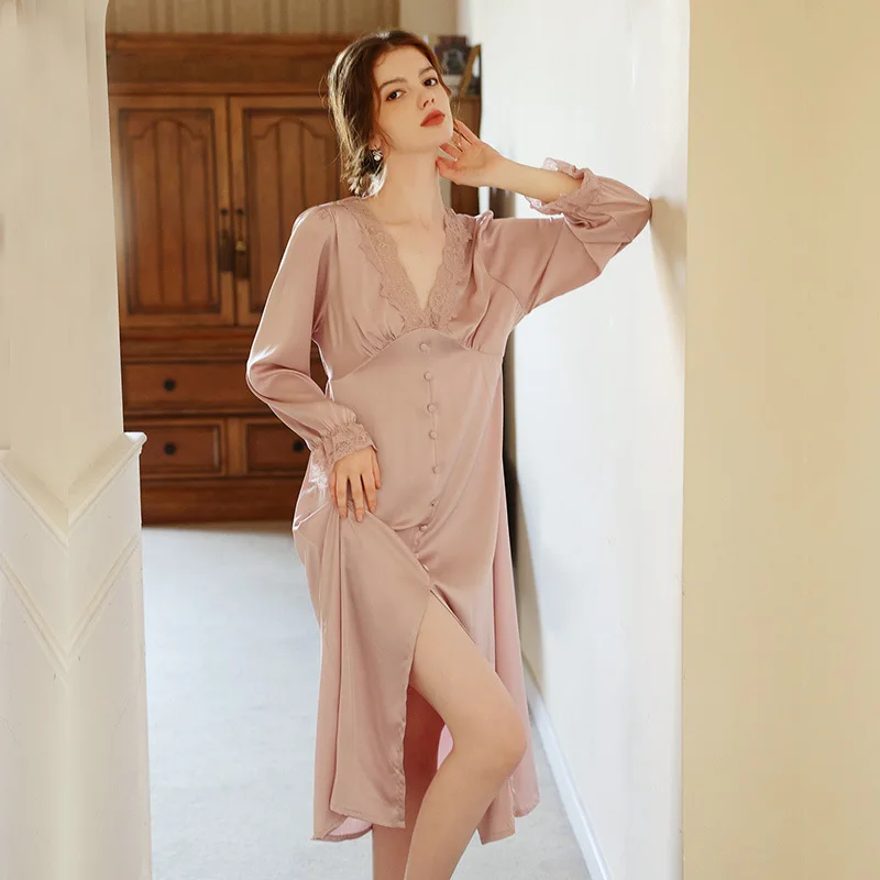 

Sexy Lace Trim V-neck Nightdress French Court Style Long Nightgown Sleepwear New Spring Women Nightwear Loose Homewear Bathrobe