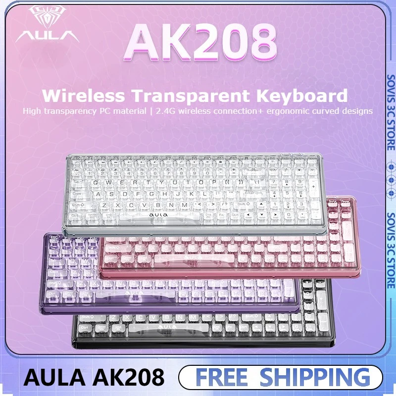 

AULA AK208 Wireless Mechanical Keyboard Tri-mode 99 Keys Custom RGB Light Transparent Keycaps Office Gaming Keyboard for Gifts