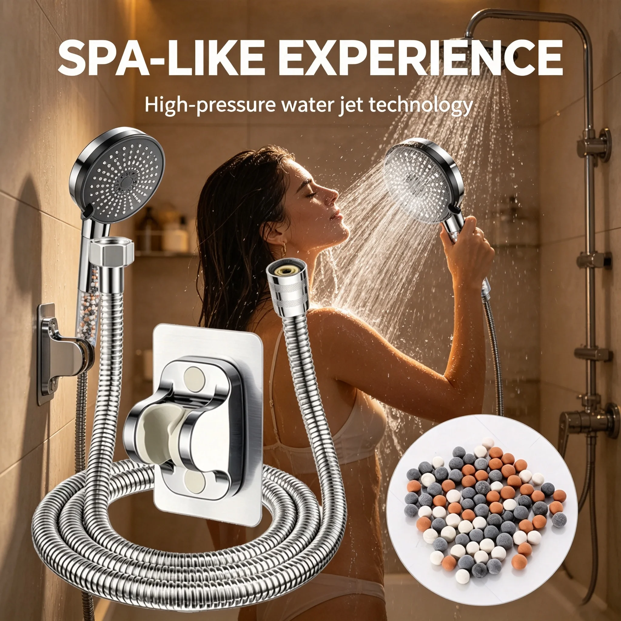 High Pressure Filter Handheld Shower Kit, Multi-Spray Adjustable Shower Head with Mineral Filtration, 1.5m Stainless Steel Hose
