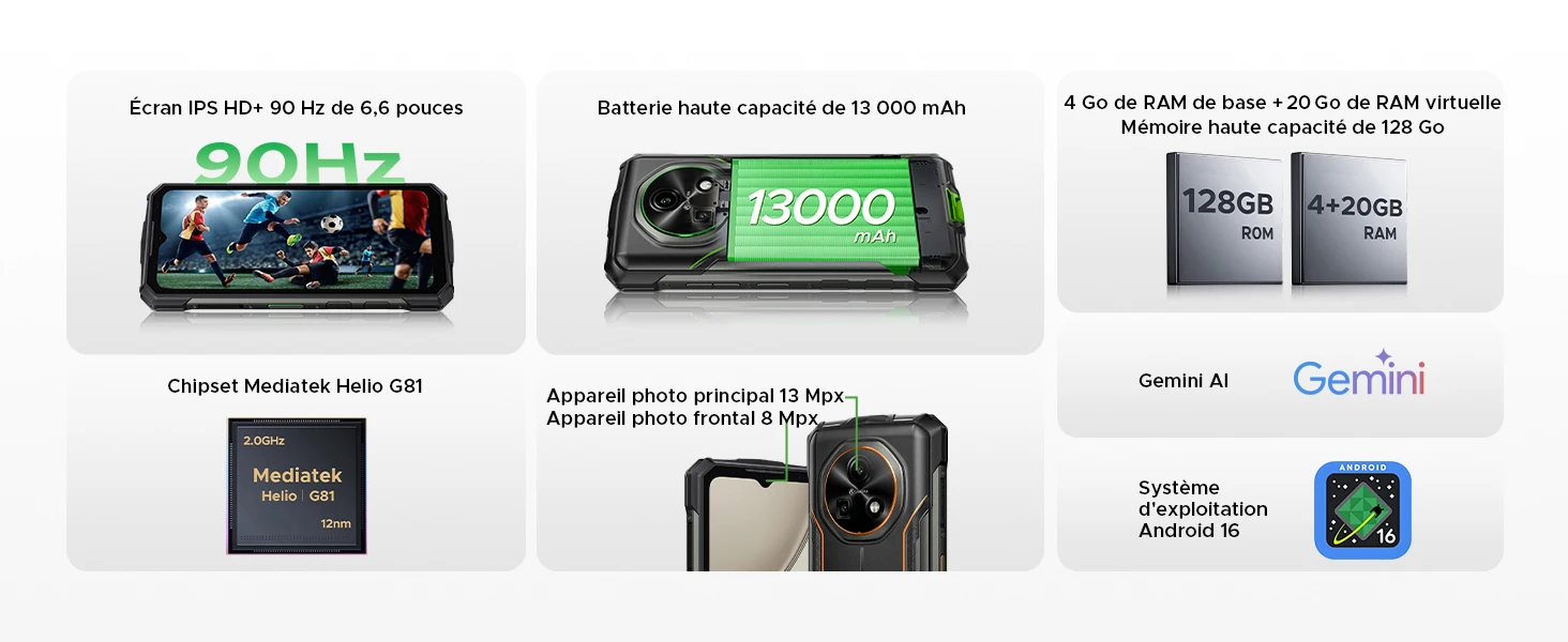 DOOGEE Fire 5 Pro Gemini Ai Rugged Phone 13000mAh Battery Helio G81 24GB RAM (4+20) 128GB ROM 6.6" 90Hz Global Version Smartphones