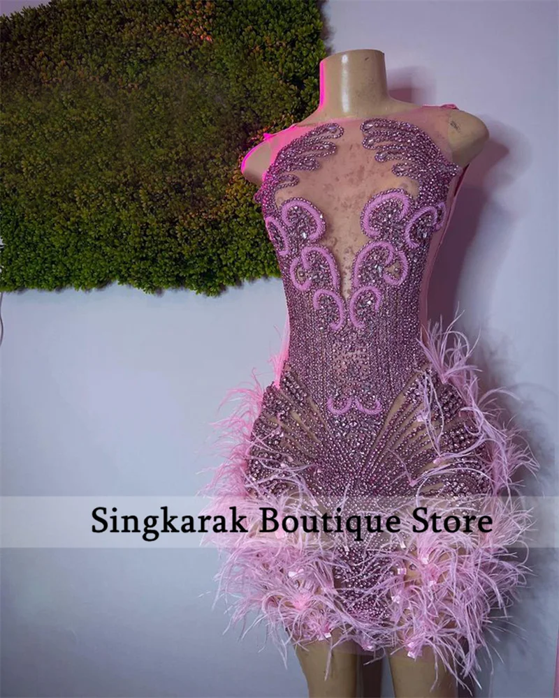 Stunning Sparkly Luxury Pink Diamond Birthday Party Cocktail Gowns Beads Crystal Feathers Mini Short Prom Dresses Customized