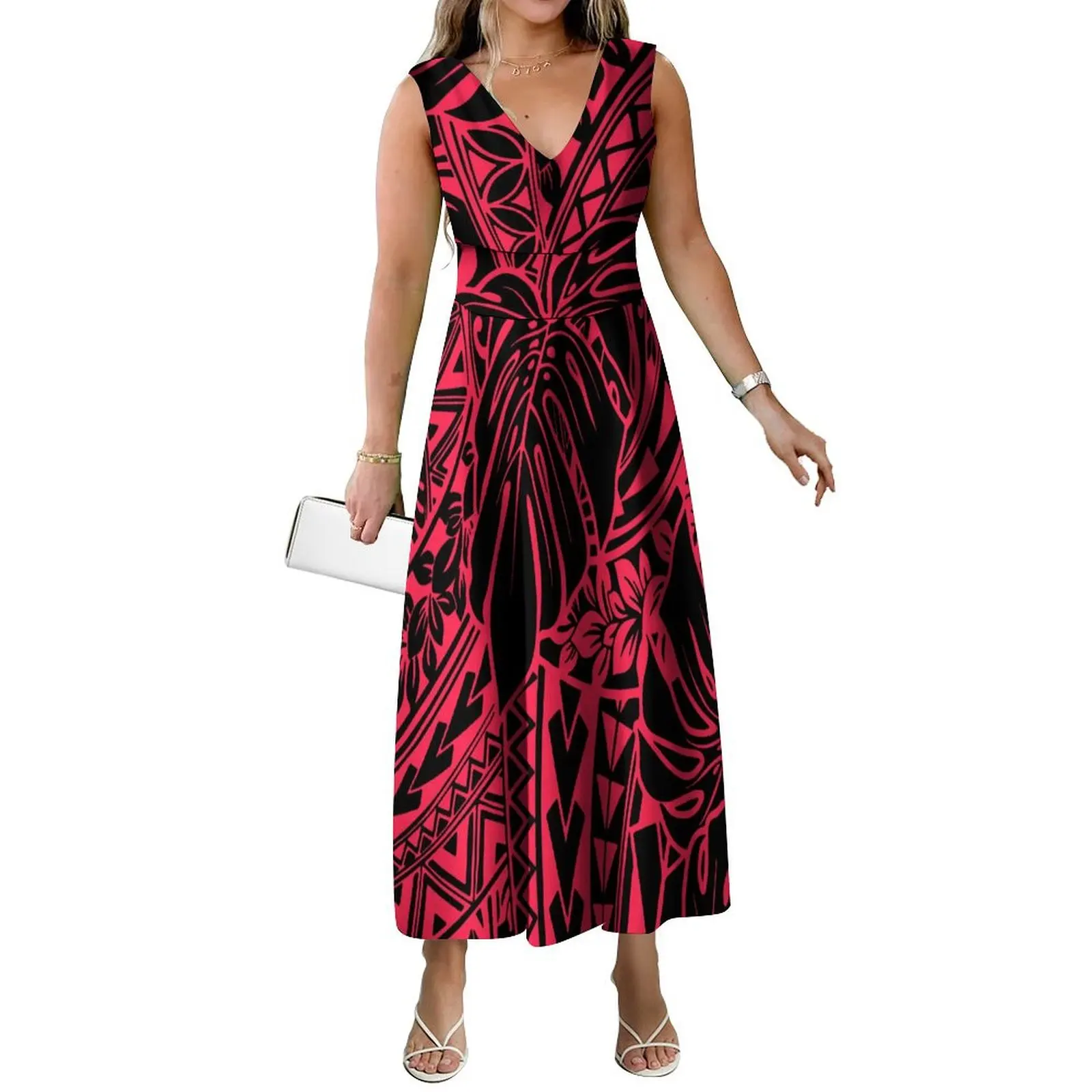 Hawaiian Floral Print Hibiscus Flower Women'S V-Neck Dress Polynesian Islands Custom Sleeveless High-Waisted Dress