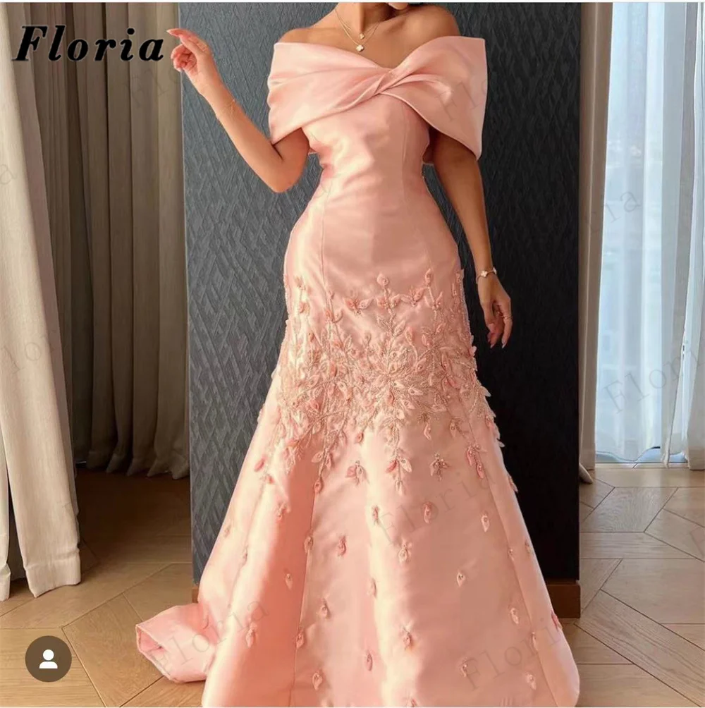 Kaftans Pink Satin Evening Dresses 2023 Dubai Design Appliques Beaded Prom Dress For Weddings Plus Size Party Engagement Dress