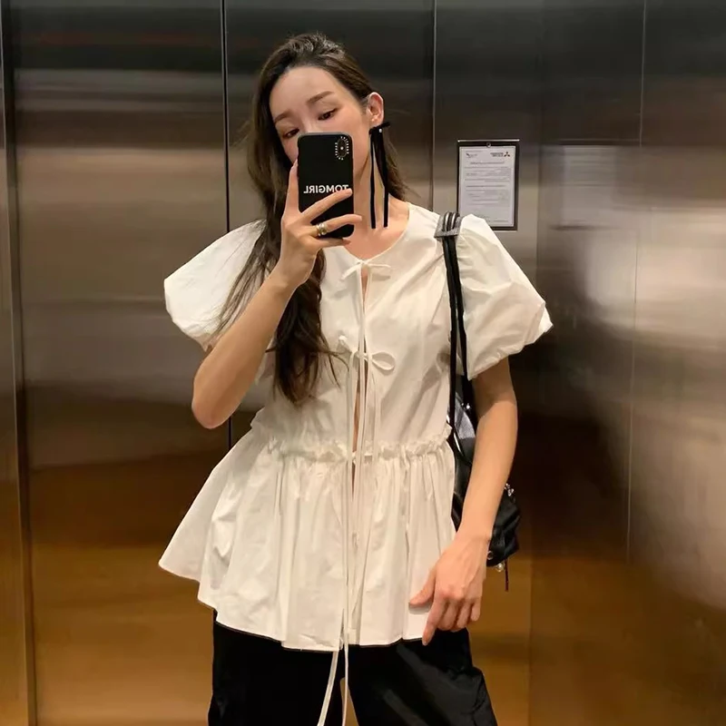 Fashion Lace Up Blouse O Neck Ruffle Hem Short Puff Sleeve Tie Front Chic Female Loose Casual Shirts Elegant Streetwear Summer