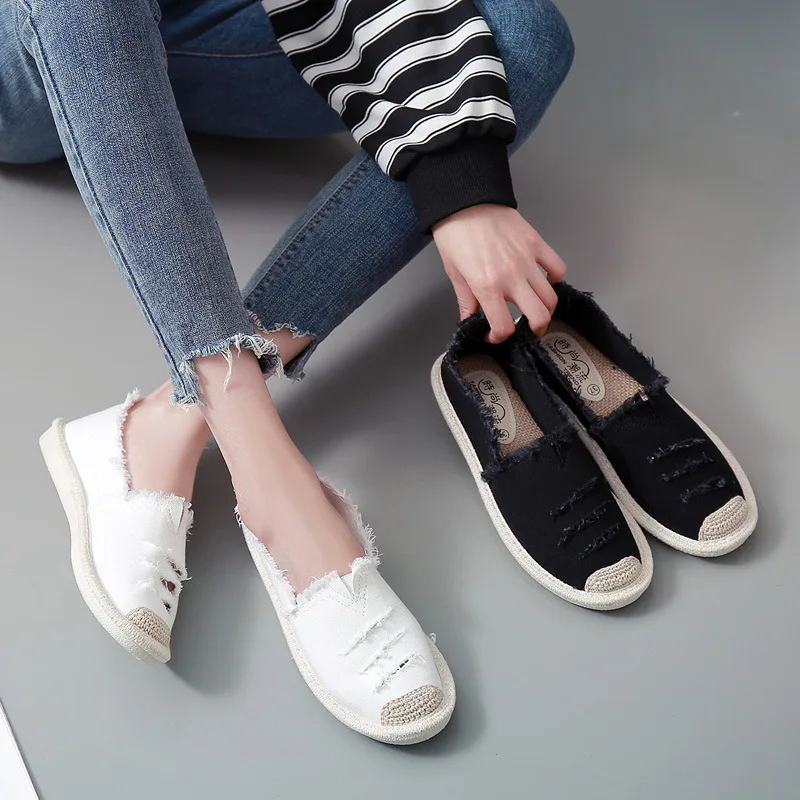 Womens Flat Slip On Canvas Summer Strap Loafers Straw Espadrilles 2022 Ladies Casual Comfort Ripped Slip On Lazy Shoes Female