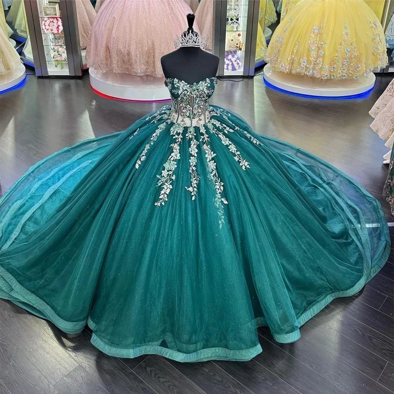 

Emerald Green Bling Quinceanera Dress with Lace Applique Beaded Off Shoulder Ball Gown Handmade Flowers Sweet 16 Birthday Party