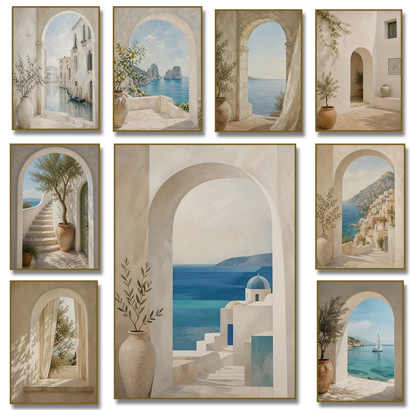 1pc frameless Canvas Painting Mediterranean Coastal Archway Poster  Santorini Sailboat Wall Art Canvas Painting Print  Japandi S