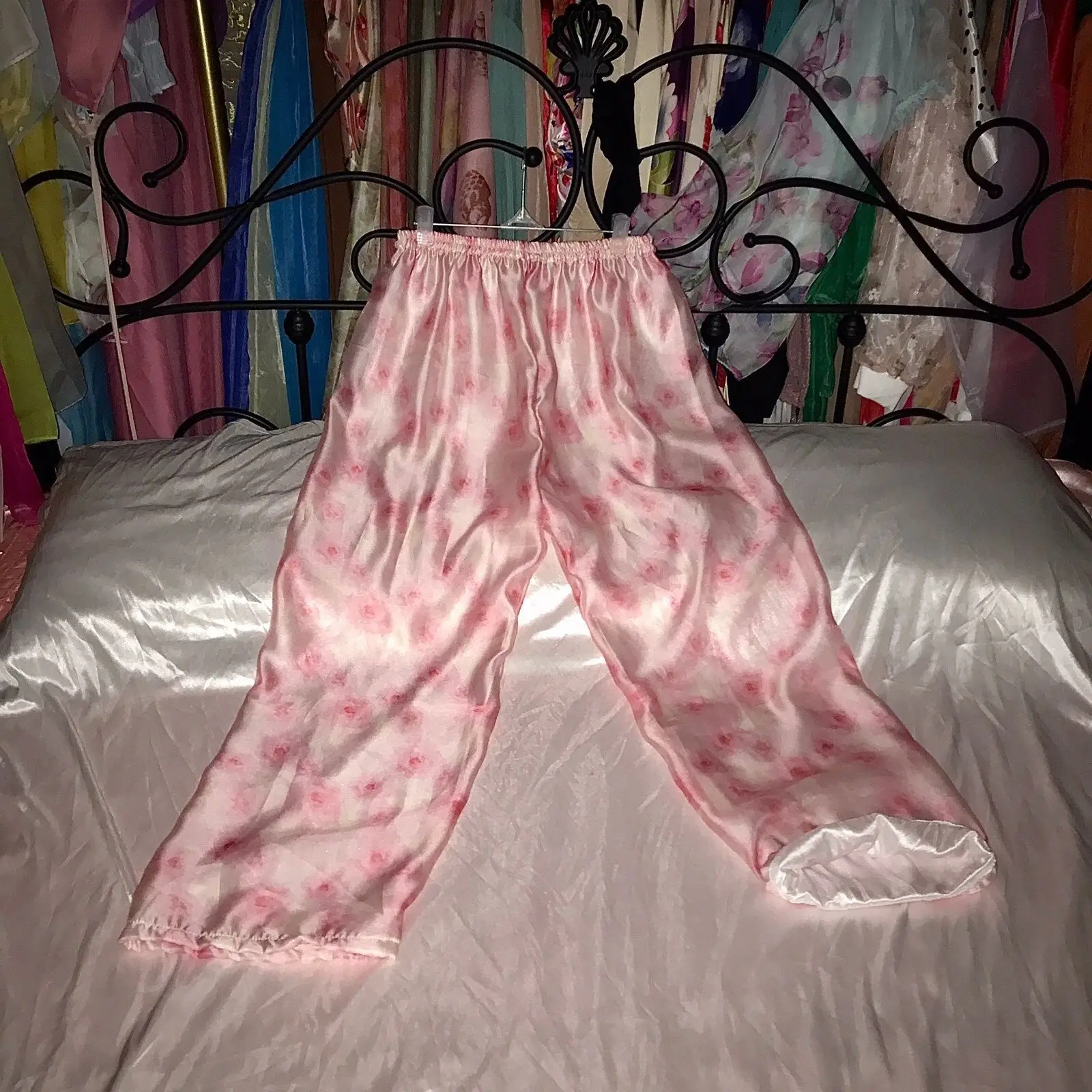 

Unisex Glossy 2 Layers satin silk pajamas pants Plus size sleeping bottoms straight trousers