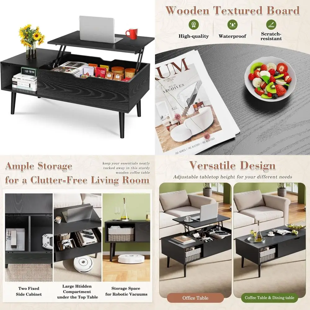 

Черный журнальный столик со скрытым отделением, подъемной столешницей и полкой для хранения для гостиной, офиса
