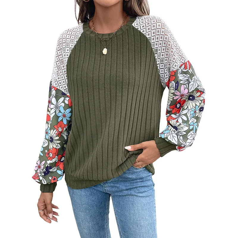 Jersey de punto de manga larga con cuello redondo holgado informal empalmado para mujer, jerséis, nueva moda para otoño e invierno, ropa femenina, Tops