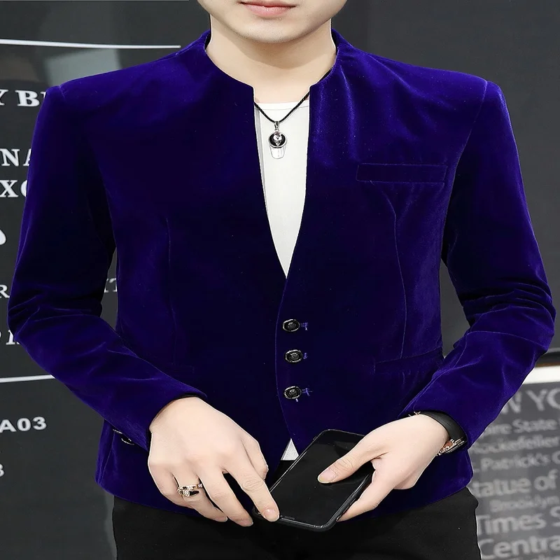 New boutique fashion handsome trend canary velvet small yuan collar suit Korean version slim handsome coat Yuan collar shirt