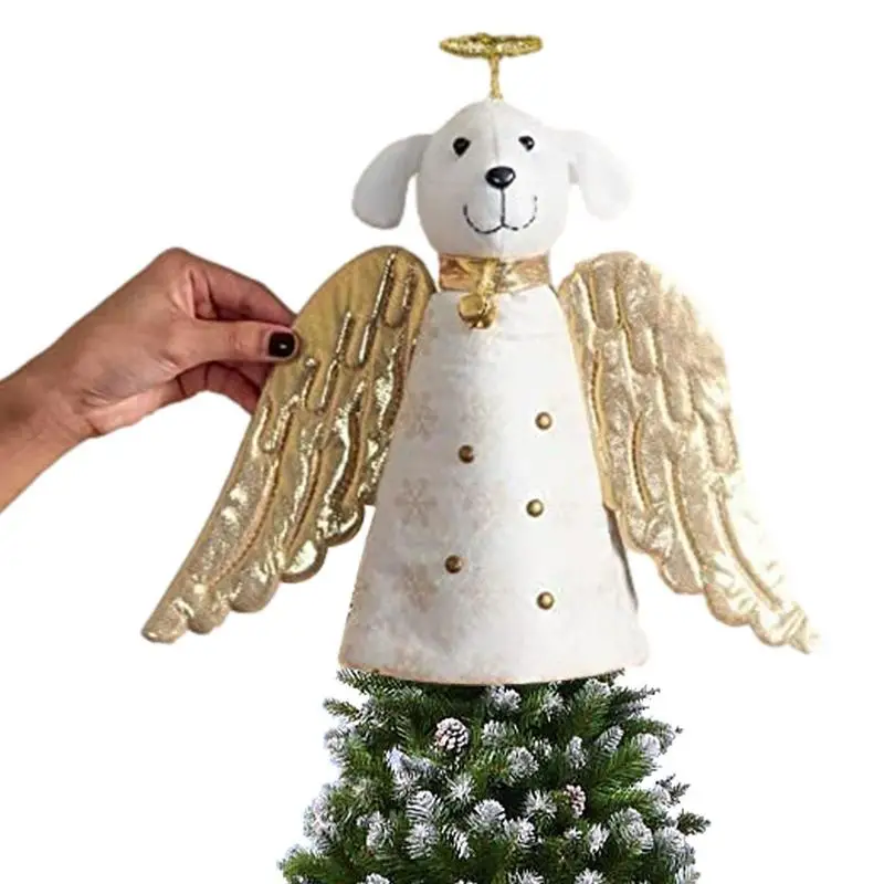 Christmas Miracle Golden Angel Dog Tree Topper Hanging Xmas Creative Cloth Treetop Hat For Christmas Tree Ornaments