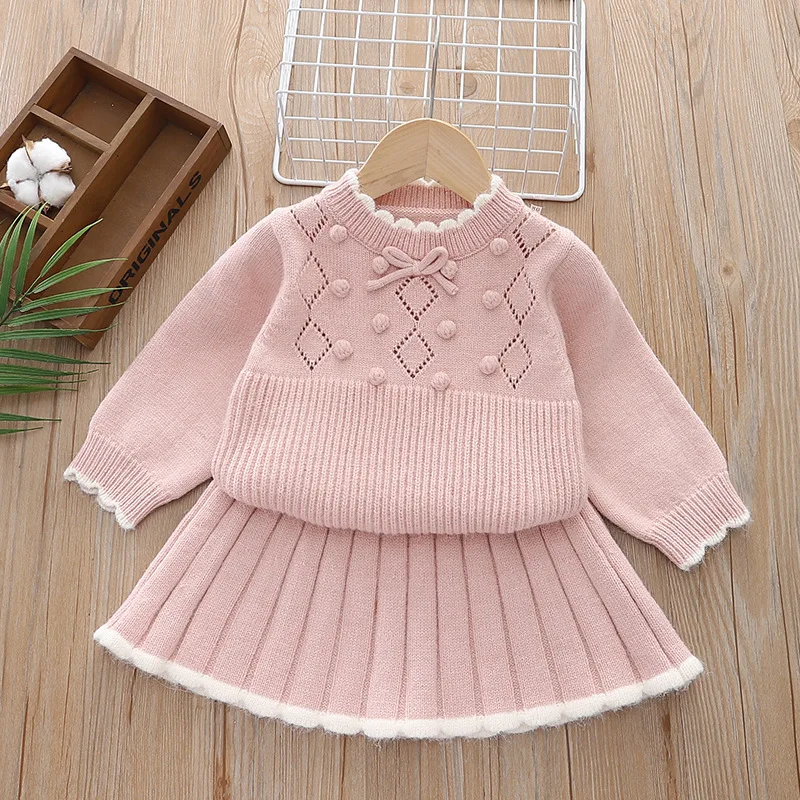 Knitted Clothes Set For 1-5Y Girls Autumn Winter Lace Collar Bowknot Kids Girls Pullover Color Contrast Toddler Girls Skirt Suit