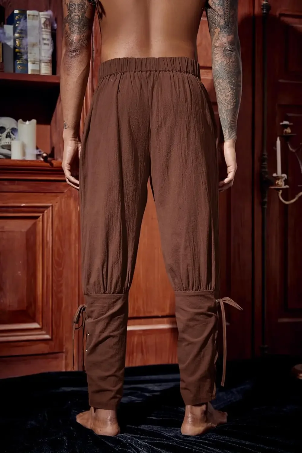 Mens Medieval Ankle Pants Renaissance Viking Pirate Lace Up Tapered Halloween Linen Costume Trousers streetwear  pants men view 5