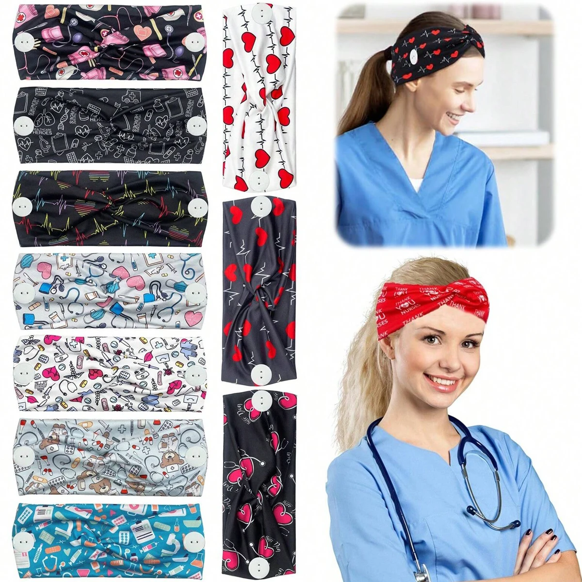 Damen-Krankenschwester-Stirnbänder mit Knopf, breite Stirnbänder für Masken, rutschfest, elastisch, Ohrenschutz, Geschenk für Ärzte, Schweißband, Haarband – Detail 1
