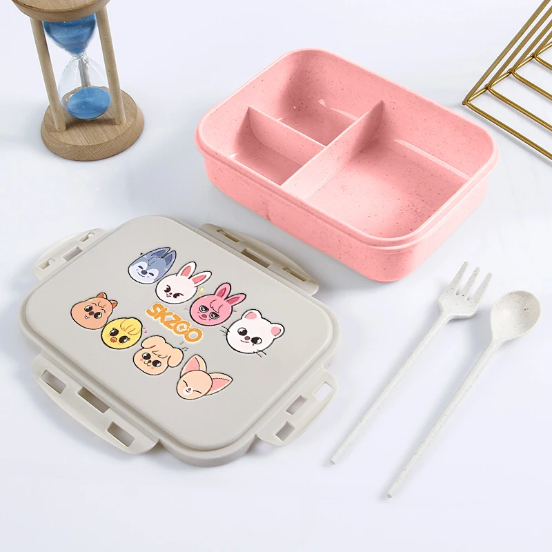 SKZOO Kids Bento Box Cartoon Animals Print Lunch Boxes with Fork Spoon School Office Lunchbox Outdoor Picnic Food Container