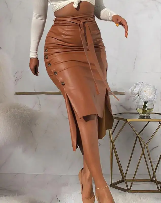 

Women PU Leather Slit Tied Detail Ruched Buttoned Skirt Temperament Commuting Women's Clothing New Fashion High Waist Skirts