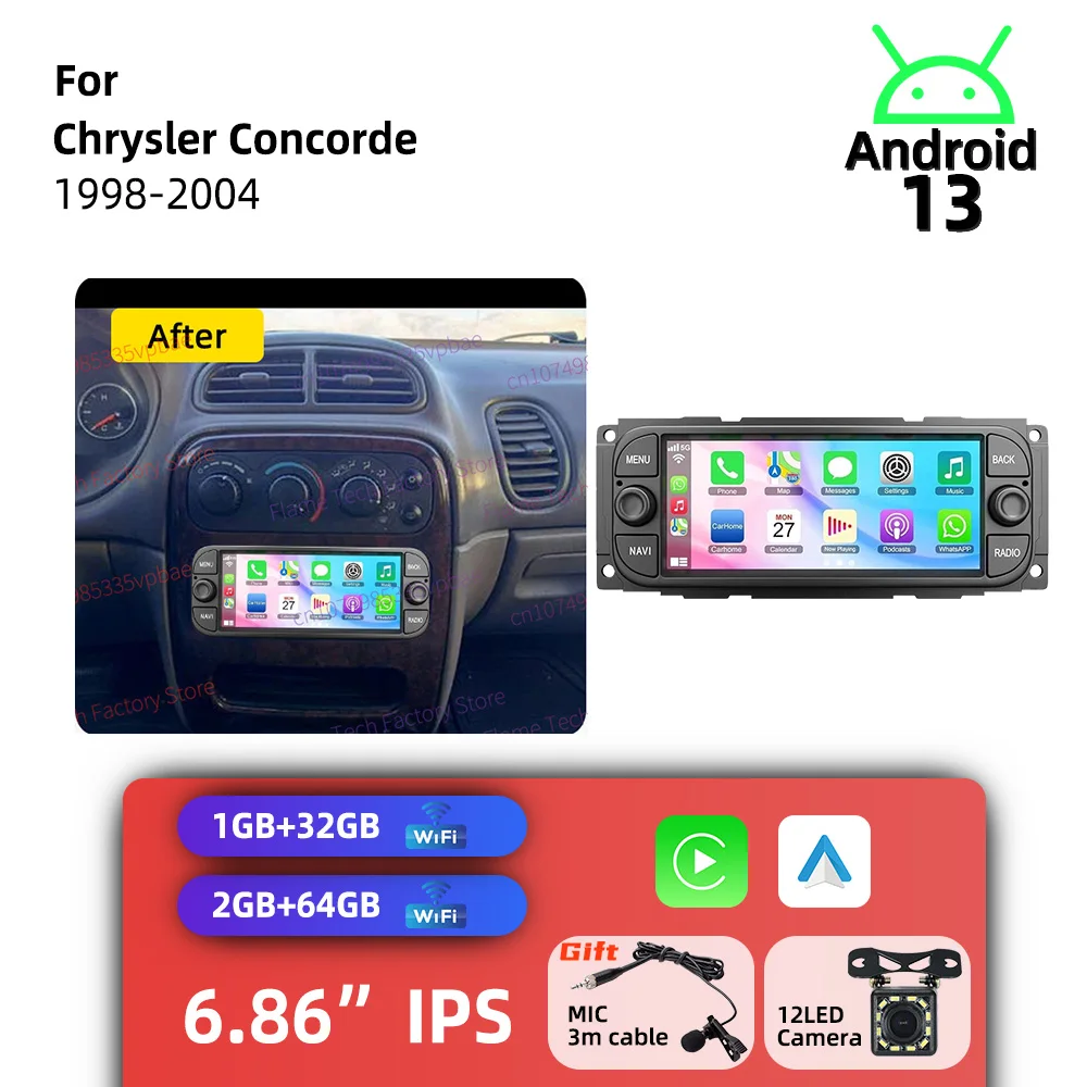 Sistema Multimedia para Automóvil con Android 13 para Chrysler Concorde 1998-2004, Pantalla Inalámbrica de 6.86 Pulgadas, Autoradio Carplay, Radio 1 Din, Unidad Principal GPS, Estéreo