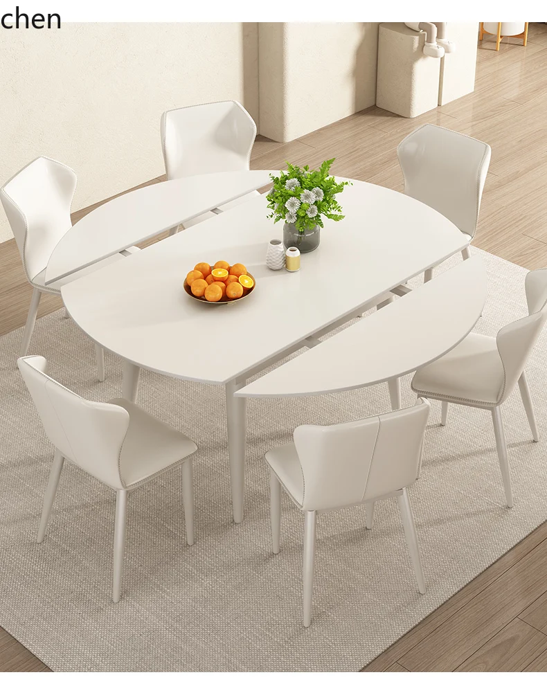 

HXL rock slab dining table household white simple retractable round dining table and chair combination