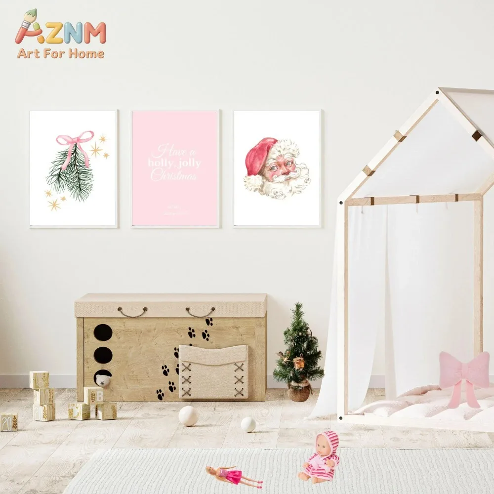 3Pcs Pink Christmas Canvas Wall Art, Watercolor Santa Pine Bow Print Frameless Canvas Painting, Cute Pastel Xmas Bedroom