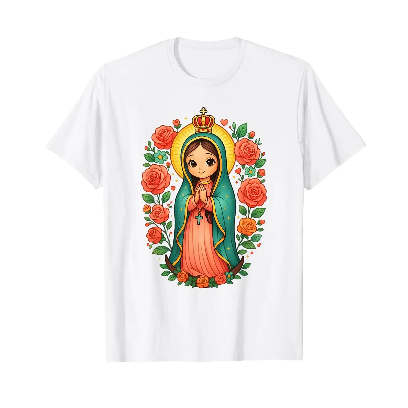 Cute Our Lady of Guadalupe Floral Mexican Identity T Shirt vintage Washed Comfortable homme fashion Versatile streetwear