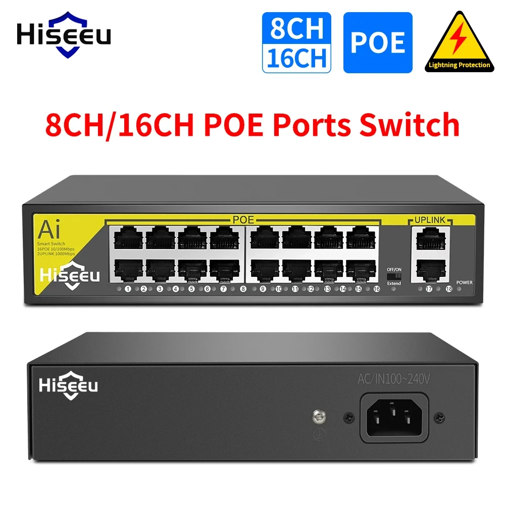 Hiseeu 8 16พอร์ต48V POE สวิตช์2อัปลิงค์10/100Mbps IEEE 802.3 af/at สำหรับกล้อง IP ระบบกล้องวงจรปิดกล้องวงจรปิด AP ไร้สาย