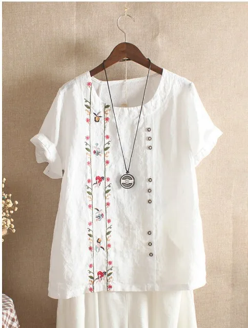 2024 Summer Female Cotton Linen Shirts Short Sleeve Vintage Floral Embroidery Long Loose Women\'s Blouse Casual Lady Top S-5XL