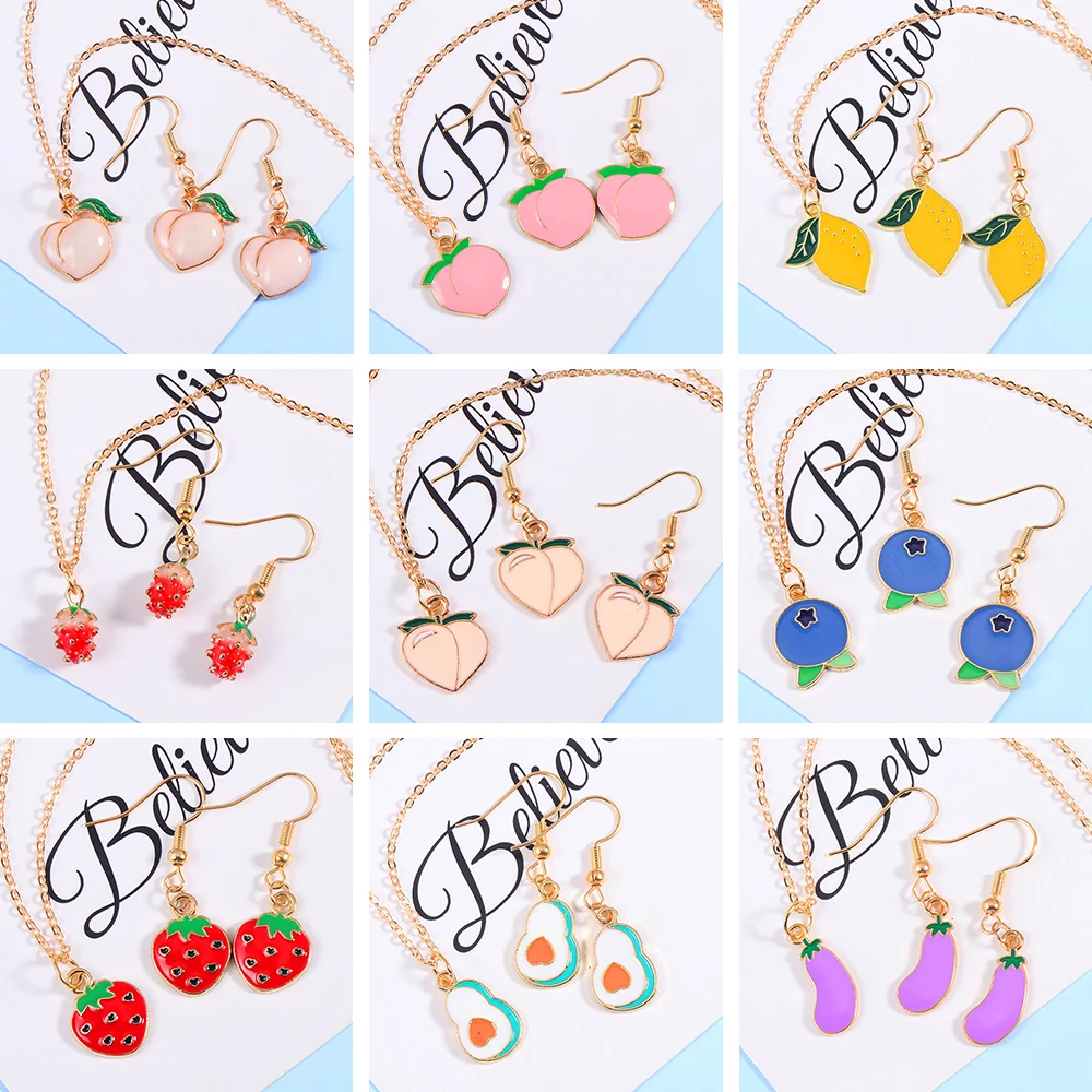 3Pcs Lovely Cherry Blueberry Strawberry Peach Fruit Enamel Earrings Necklace Sets For Fashion Student Jewelry Girls Ladies Gift