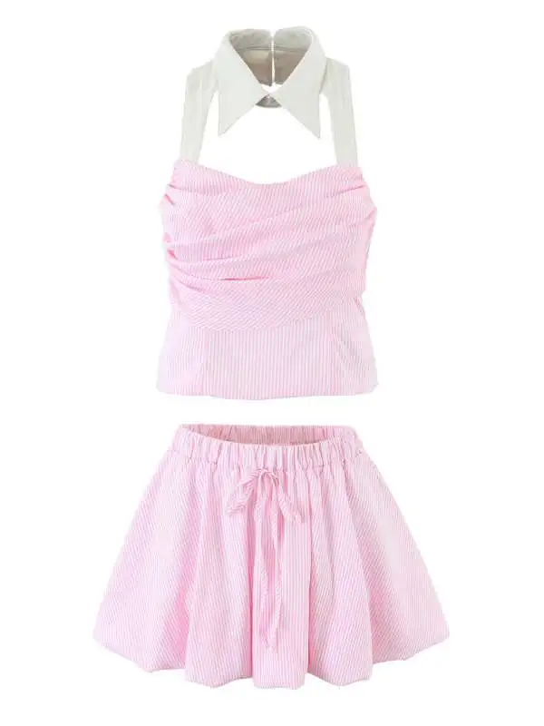 Милый комплект в полоску с воротником-стойкой, ажурный топ Pure Desire для девочек, юбка с бутоном тыквы и цветка, модный летний наряд