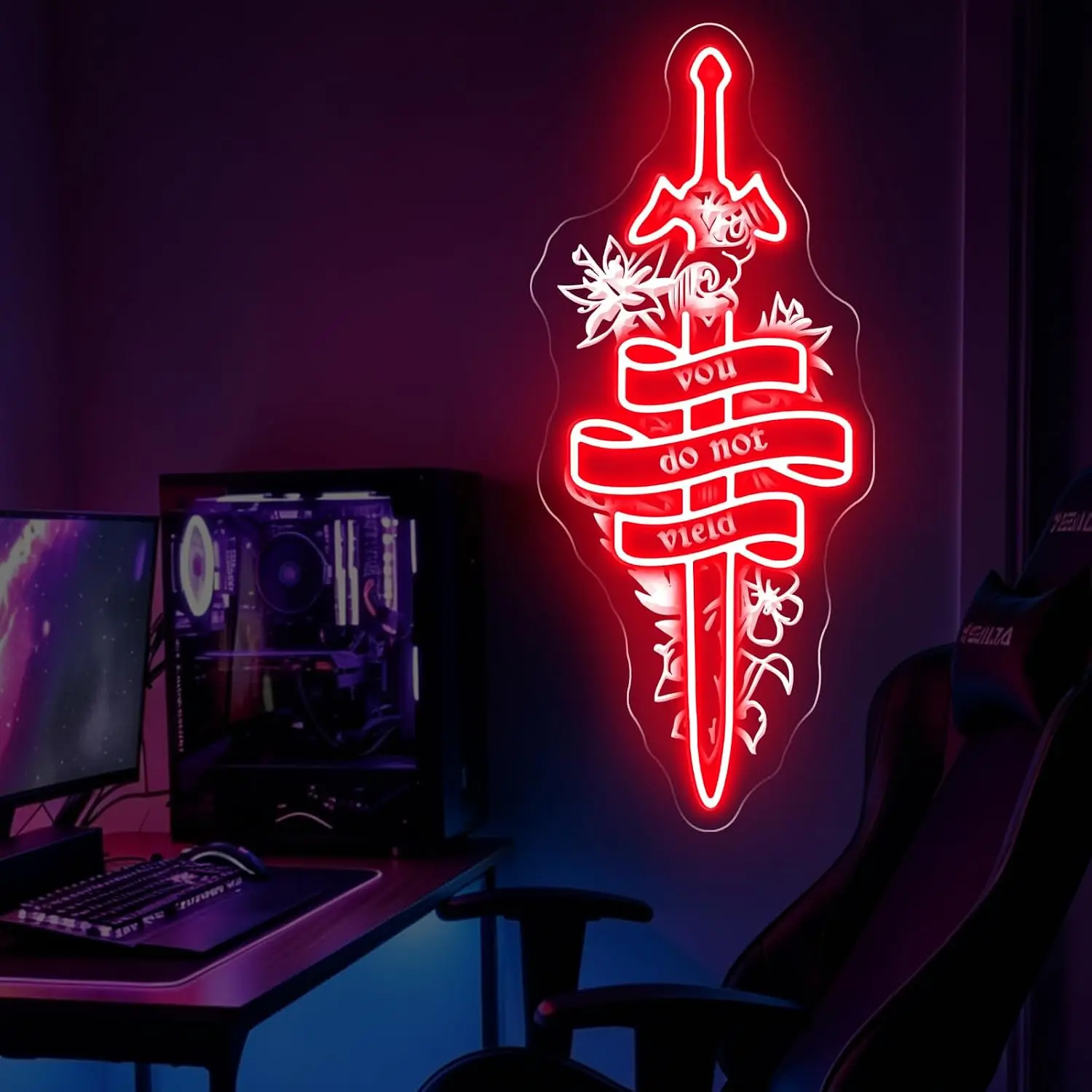 You Do Not Yield Sword Flower LED Neon Sign USB Neon Light Wall Decor Christmas Gift for Game Room Bedroom Gothic Art Neon Lamp