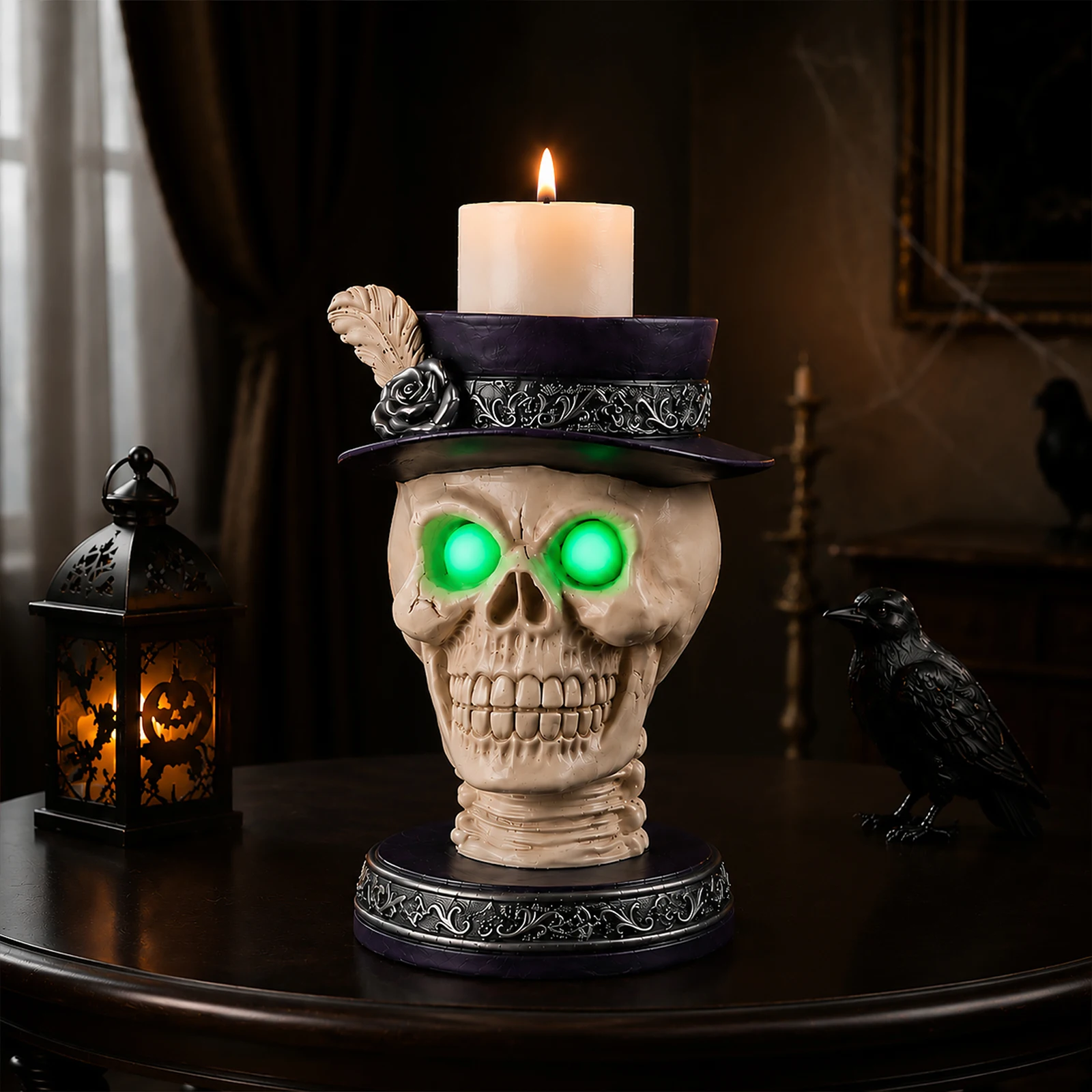 Halloween Skull Candle Holder with Glowing Green Eyes, Gothic Skeleton Head Statue with Feather Top Hat, Spooky Tabletop Decor