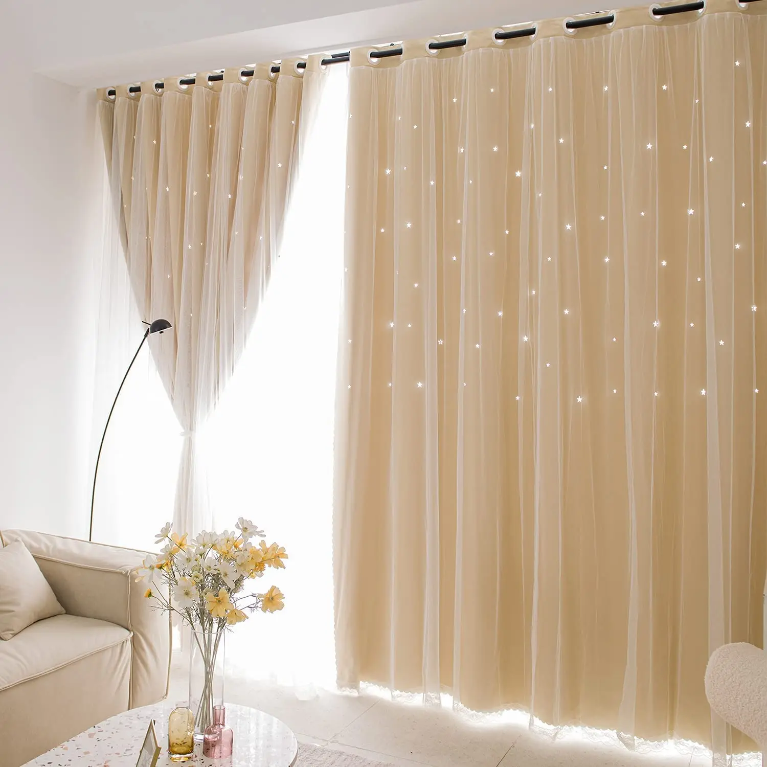 2 Panels Stars Blackout and Sheer Curtains for Bedroom Girls Kids Room, Double Layer Star Cut Out Living Room Window Curtain