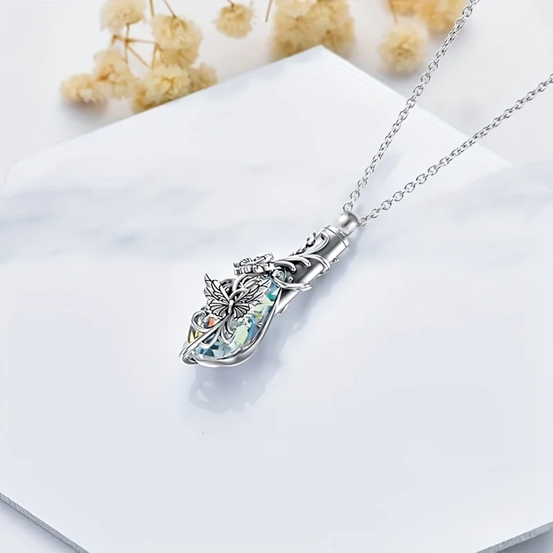 1PCS Animal Crystal Urn Necklace For Ashes Butterfly Cremation Necklace Teardrop Urn Holder Necklaces For Women Memorial Jewelry