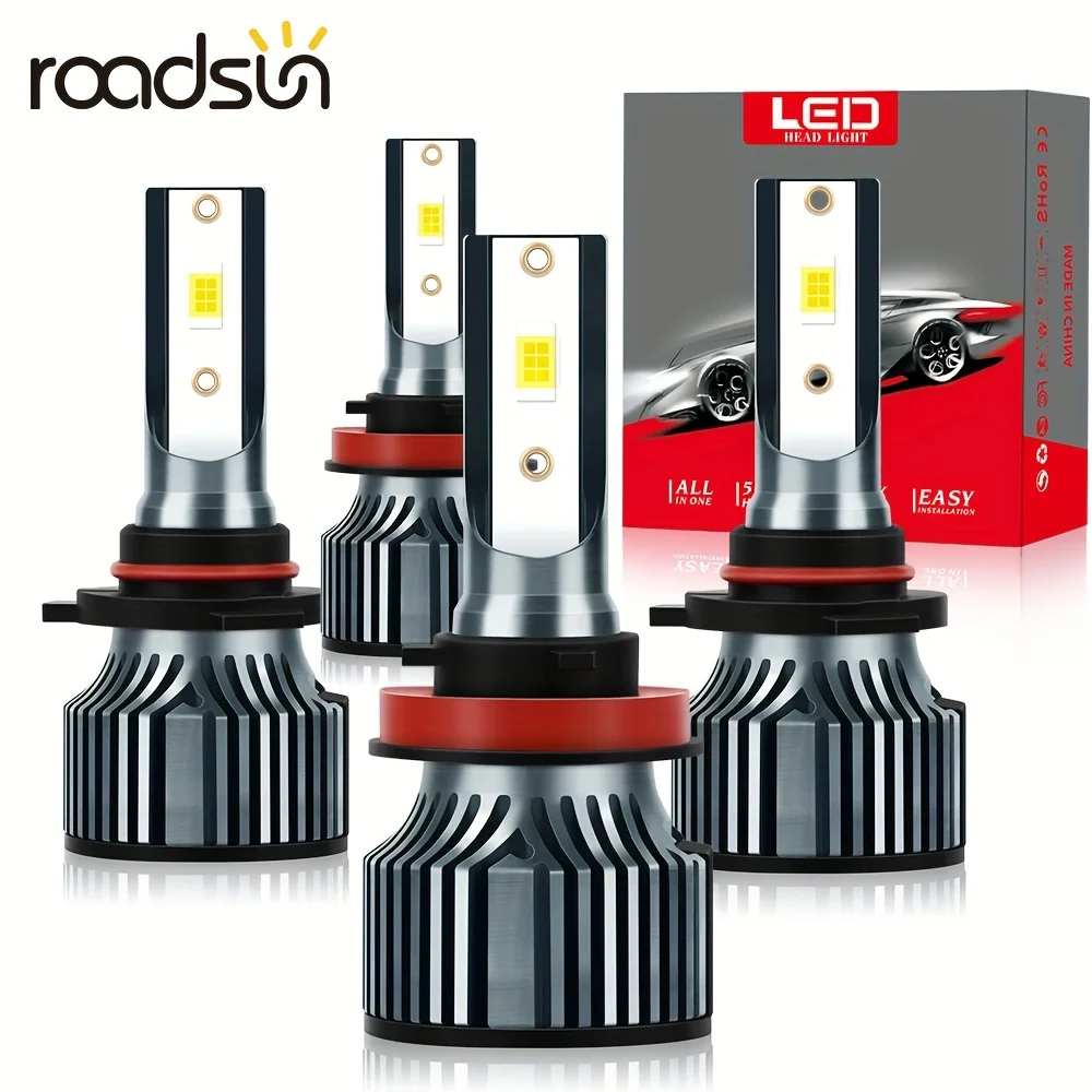 roadsun 4pcs 9005/HB3 H11 High Low Beam LED Car Headlight Combo, 25000LM 6000K White, Bright Two-side CSP Chip 600% Brightness