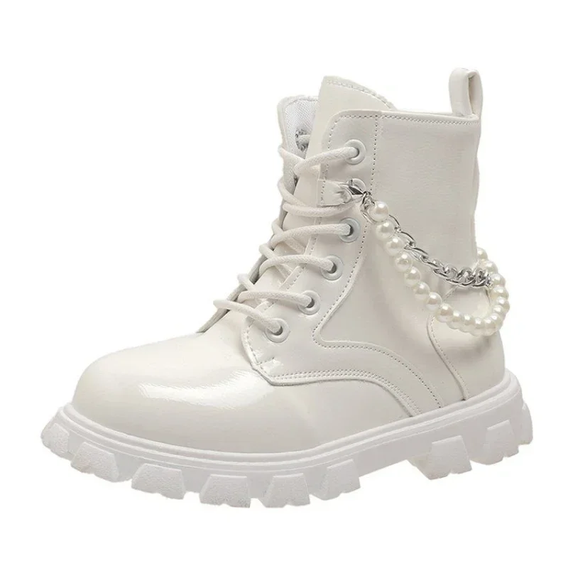 Girls Pearls Ankle Boots White High Top Fashion Shoes Kid Chain Leather Boots for Girls 10 To 12 Years Old Rubber Shoes with Zip