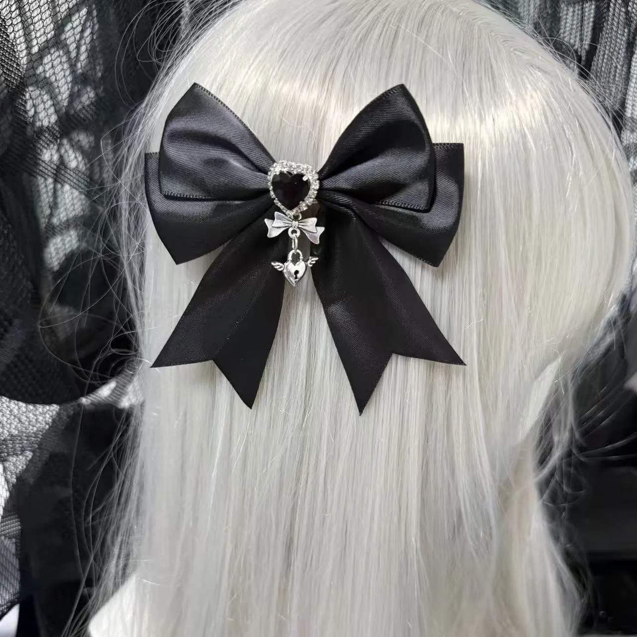 2Pcs Satin Big Bow Hair Clip Black ​​​​​​​Subculture-style Heart-shaped Angel Wing Sweet Cool Y2K Women Hair Accessories