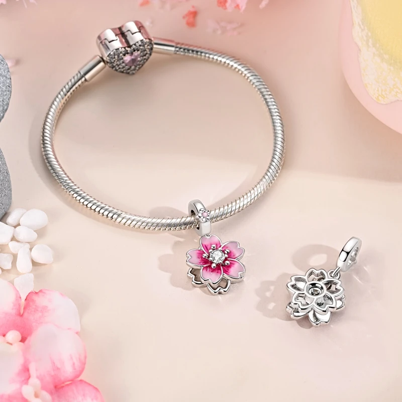 Fit Original Bracelet 925 Sterling Silver Charms Bead CZ Zircon Double Layered Rotating Cherry Blossom Dangle DIY Jewelry Gift
