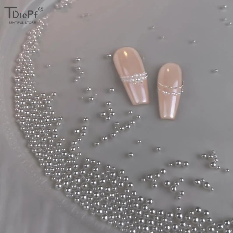 300-5000 개/가방 진주 순수한 흰색 네일 비즈 라인 석 라운드 1-6MM 혼합 크기 DIY 매니큐어 장식을위한 고휘도 진주