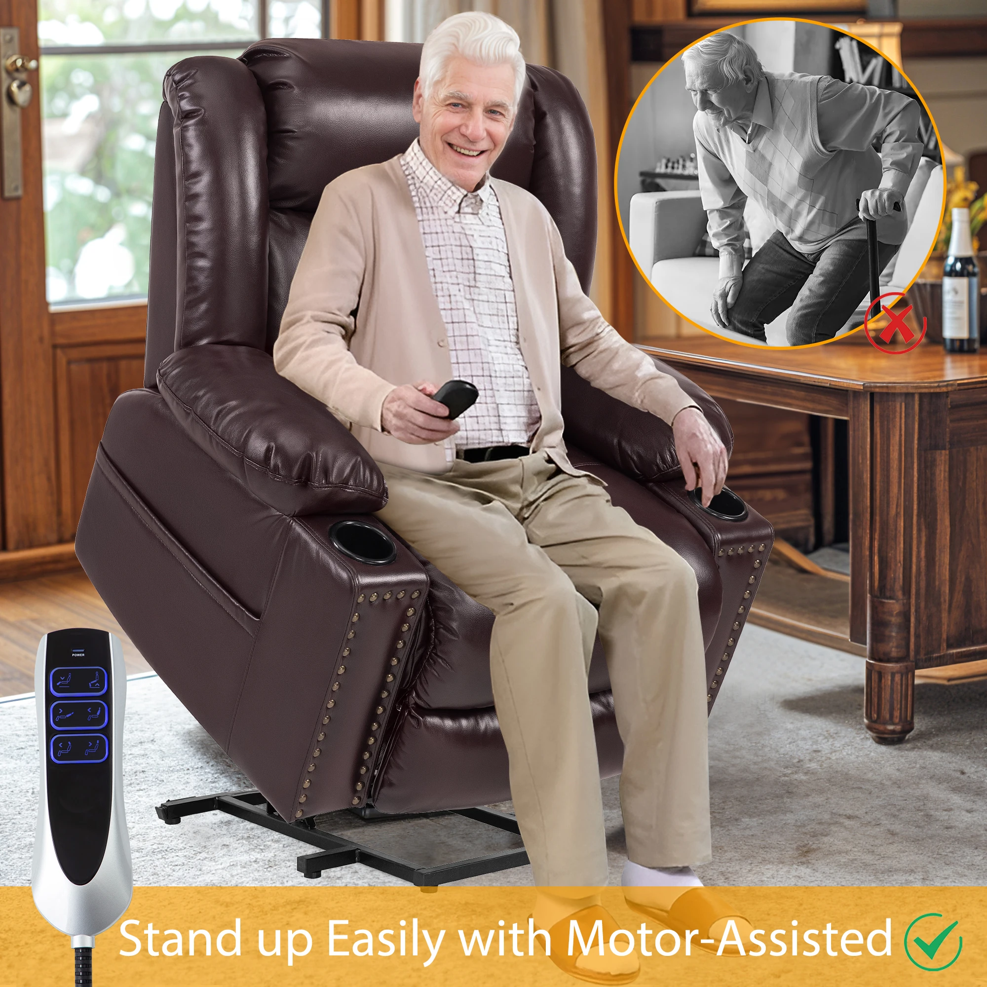 Leather Three Motor Power Lift Recliner Chair Electric Headrest Massage and Heating Capable of Lying Flat